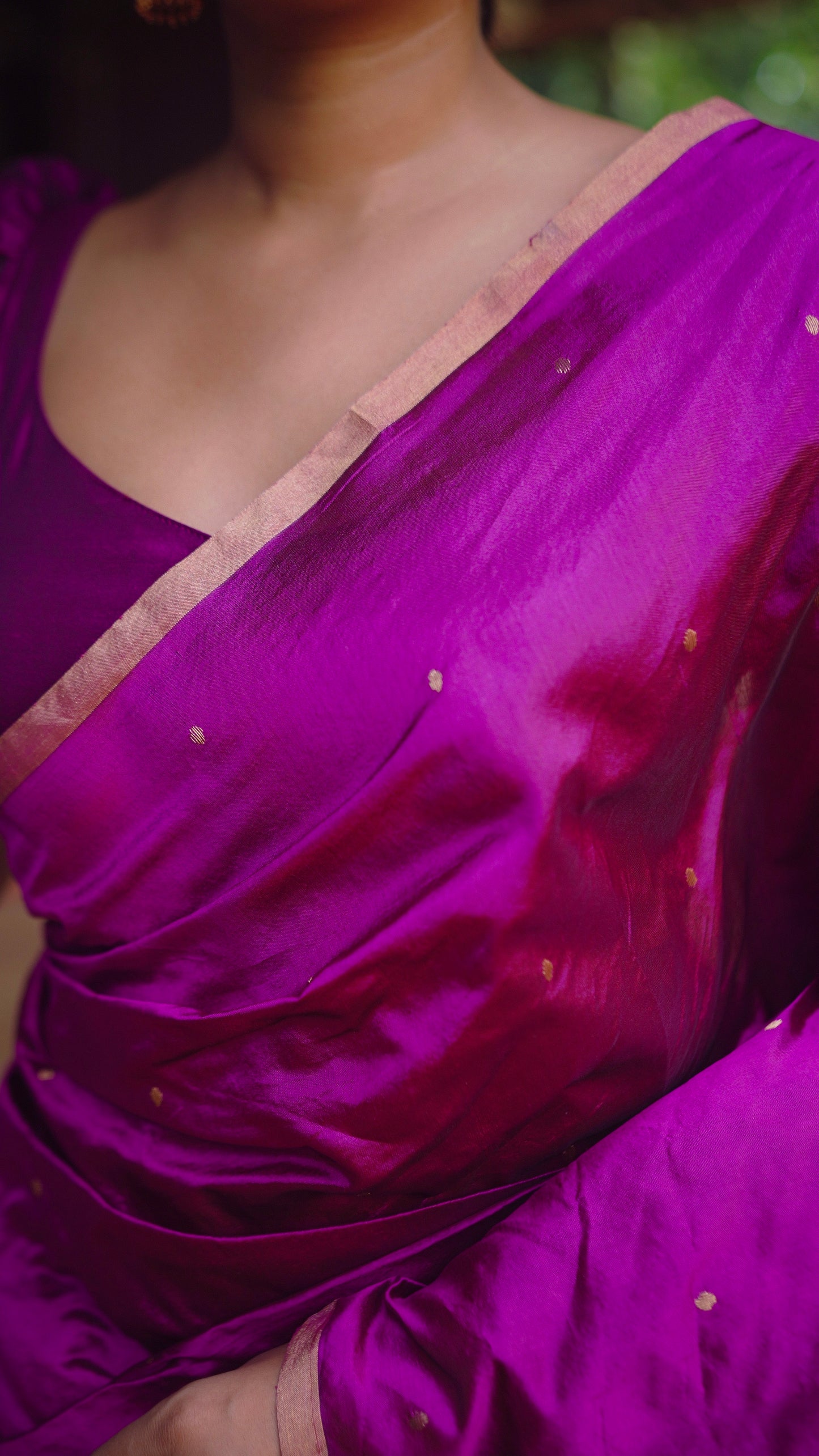 Wine chanderi silk saree with zari bootis all over
