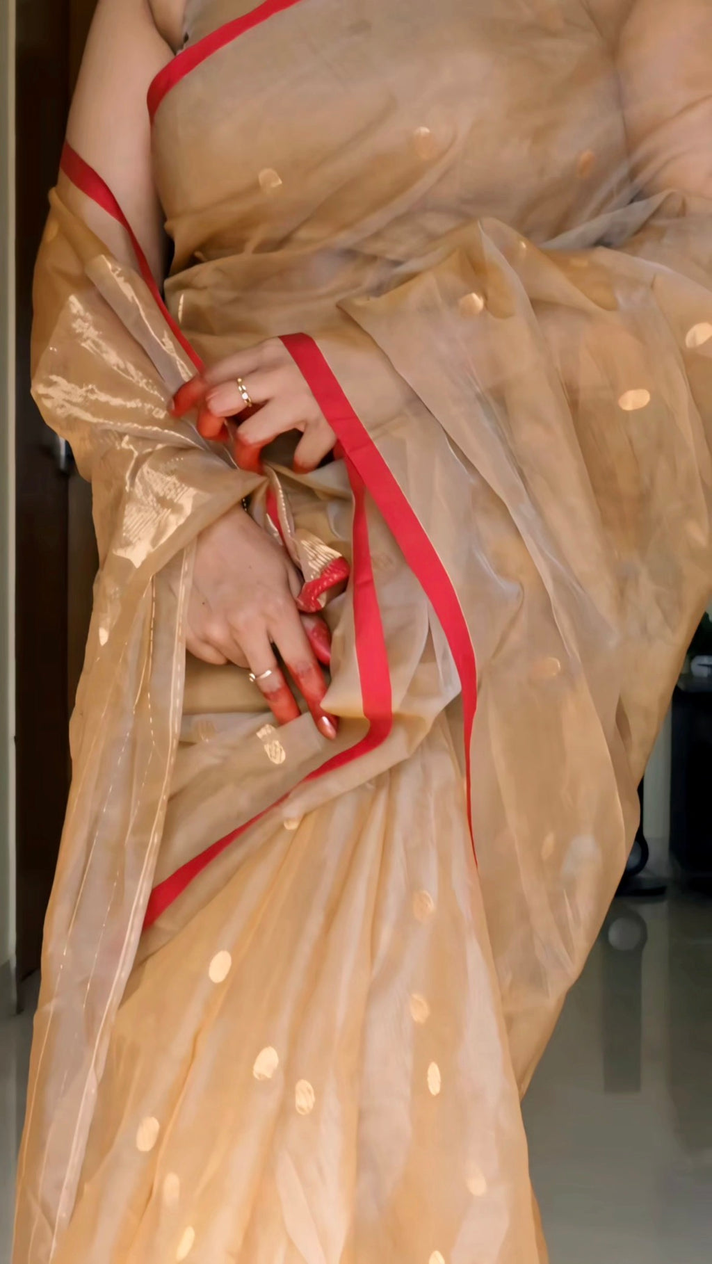 Beige gold and red Chanderi silk saree with zari bootis all over