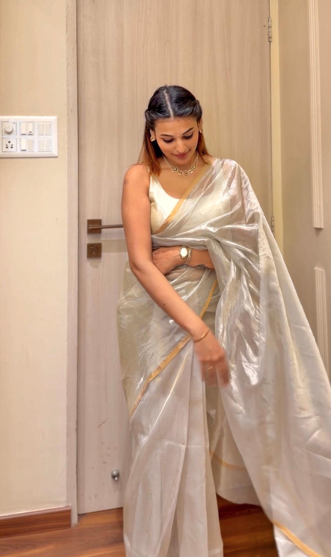 Chantilly cream Chanderi tissue silk saree with zari bootis all over