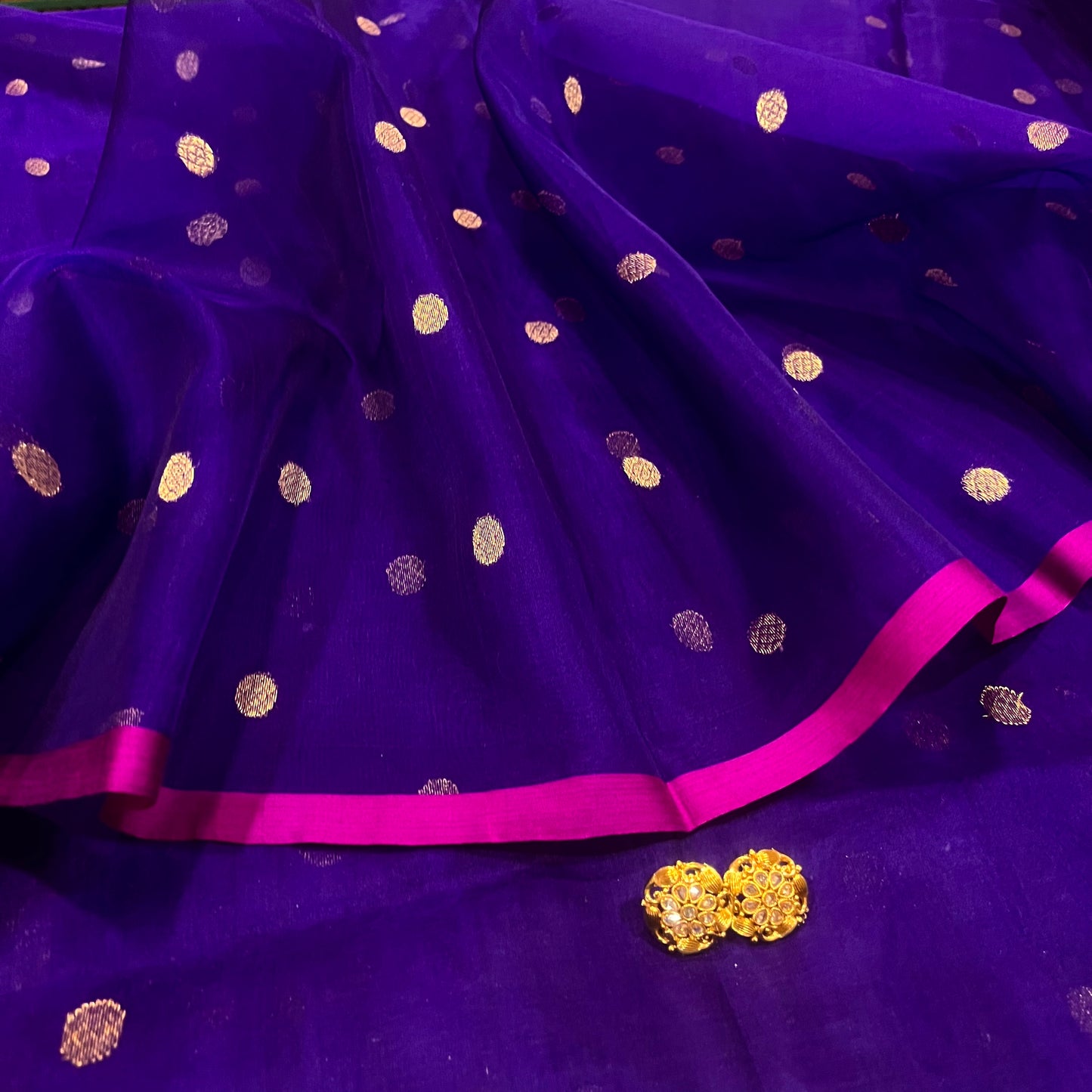 Dark Purple & Pink Chanderi silk saree with zari bootis all over