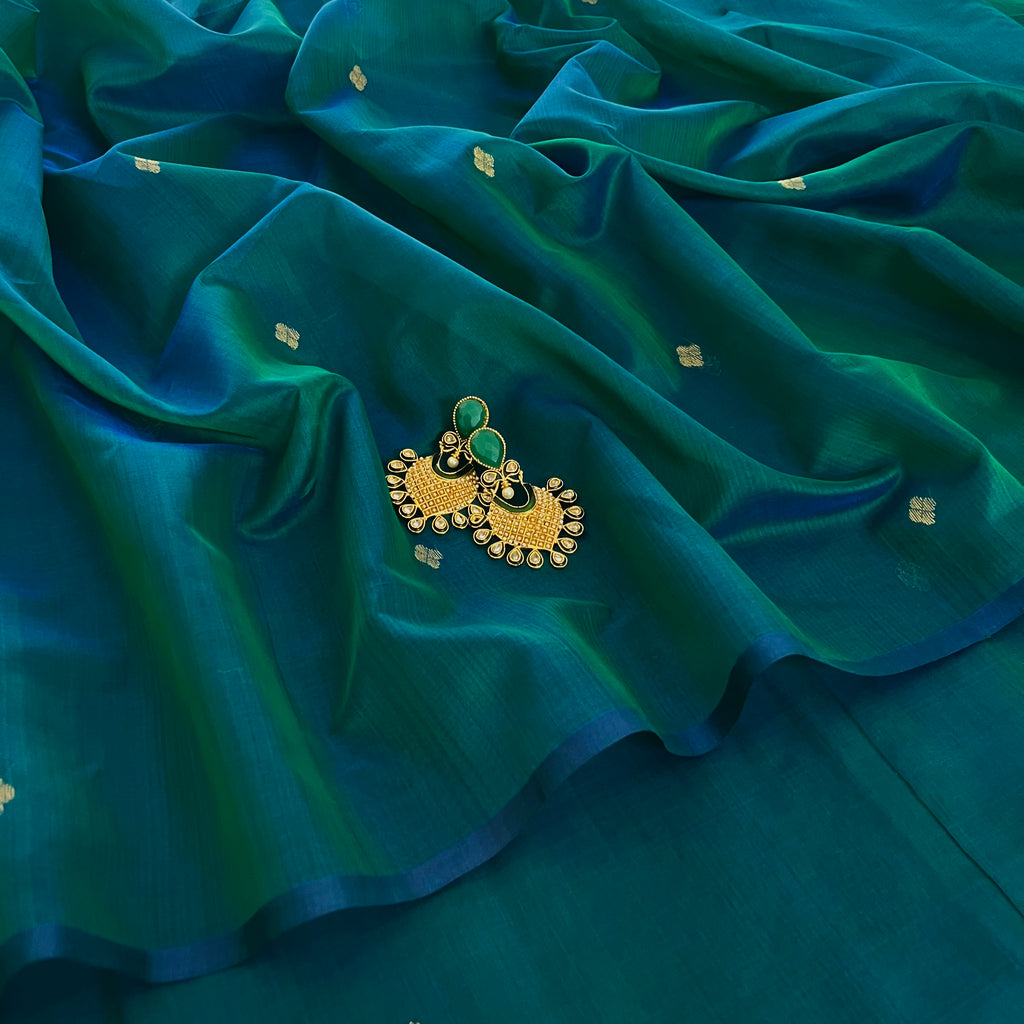 Ready to wear | Peacock Green & Blue Dual Tone Maheshwari Saree with Zari Bootis all over