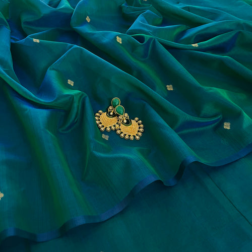 Peacock Green & Blue Dual Tone Maheshwari Saree with Zari Bootis all over