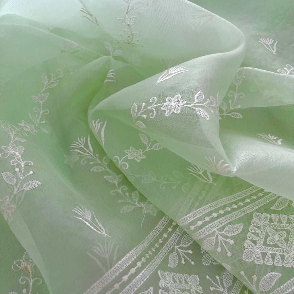 Sea Green Banarasi Organza Silk Saree with Threadwork all over