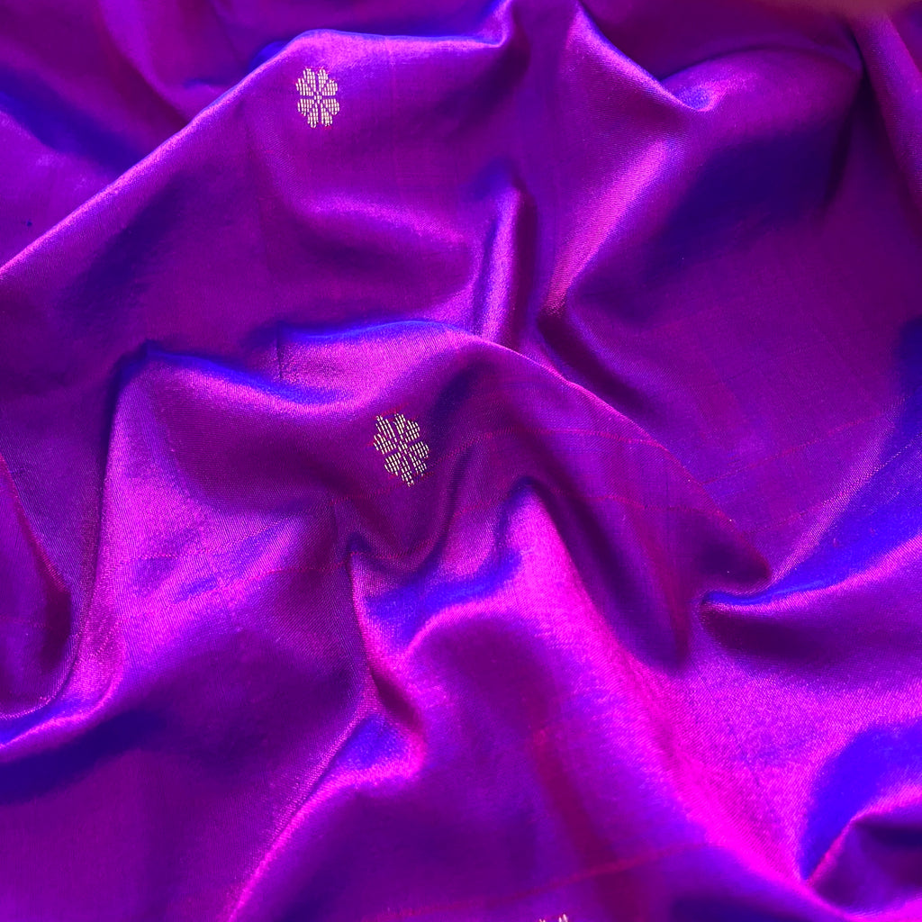 Violet and Pink dual tone Maheshwari silk saree with zari bootis all over