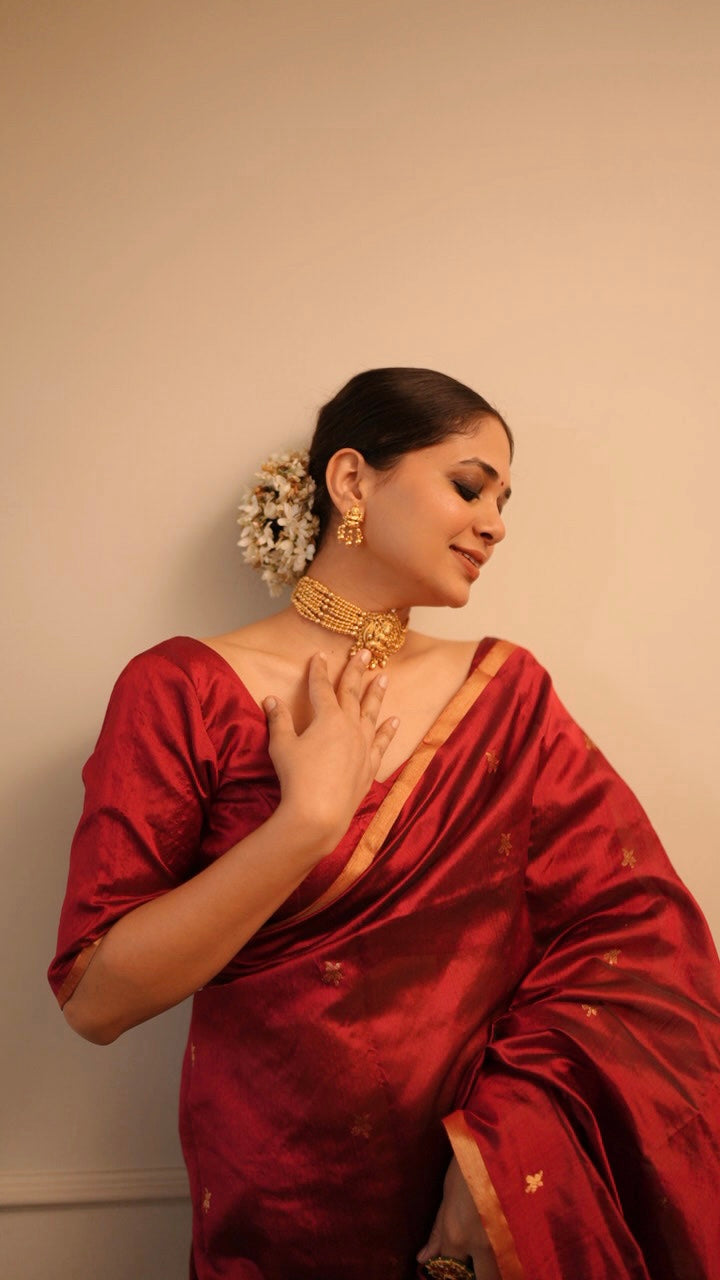 Ready to wear | Deep Maroon Chanderi Silk Saree with Flower Bootis all over