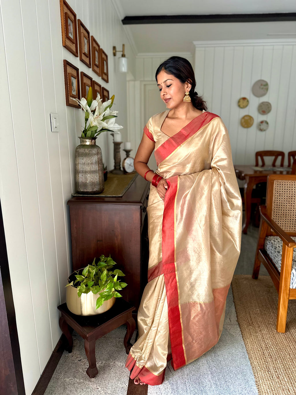Beige & Red Chanderi Silk Saree with Zari Lines on Pallu