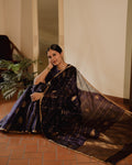 Midnight blue Chanderi silk saree with zari motifs all over
