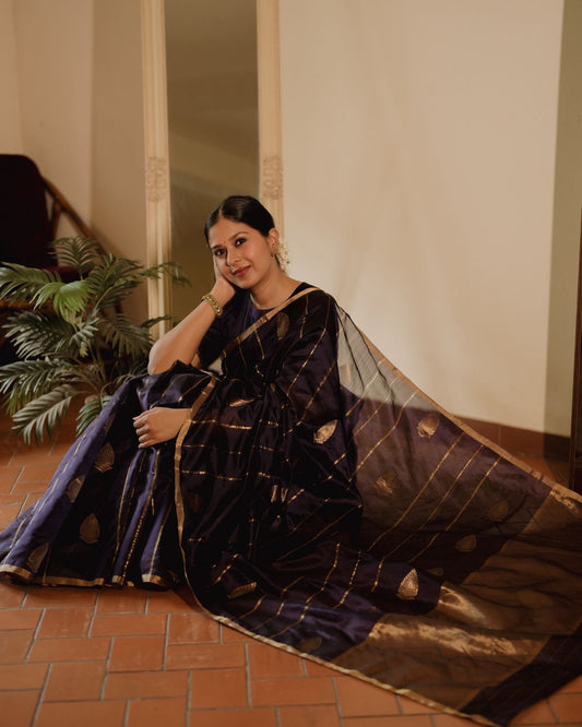 Midnight blue Chanderi silk saree with zari motifs all over