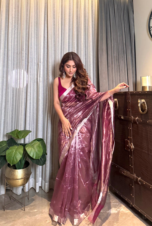Wine Maheshwari saree with zari lines all over