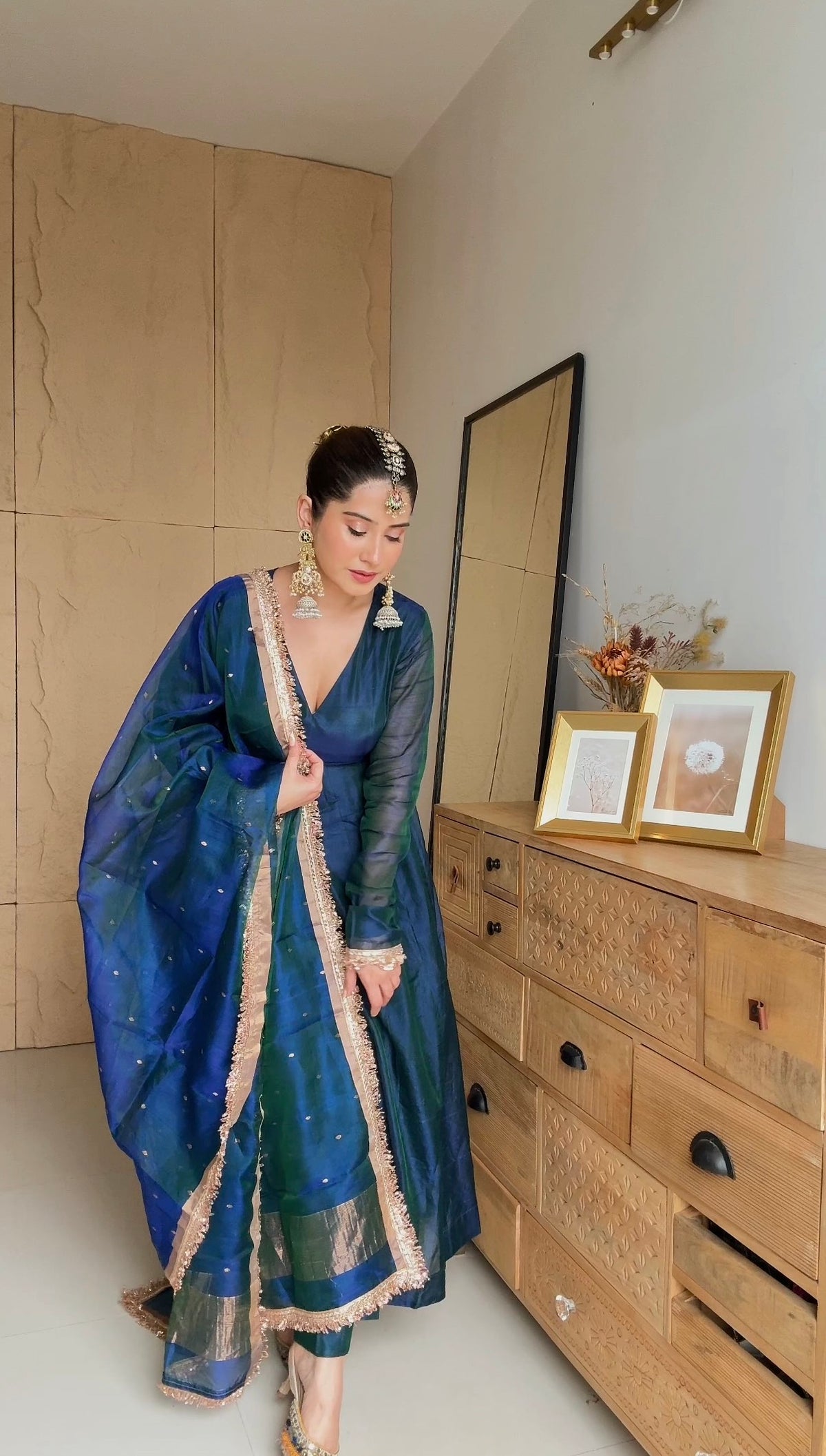 Peacock Green & Blue Dual Tone Chanderi Organza Silk Anarkali Suit