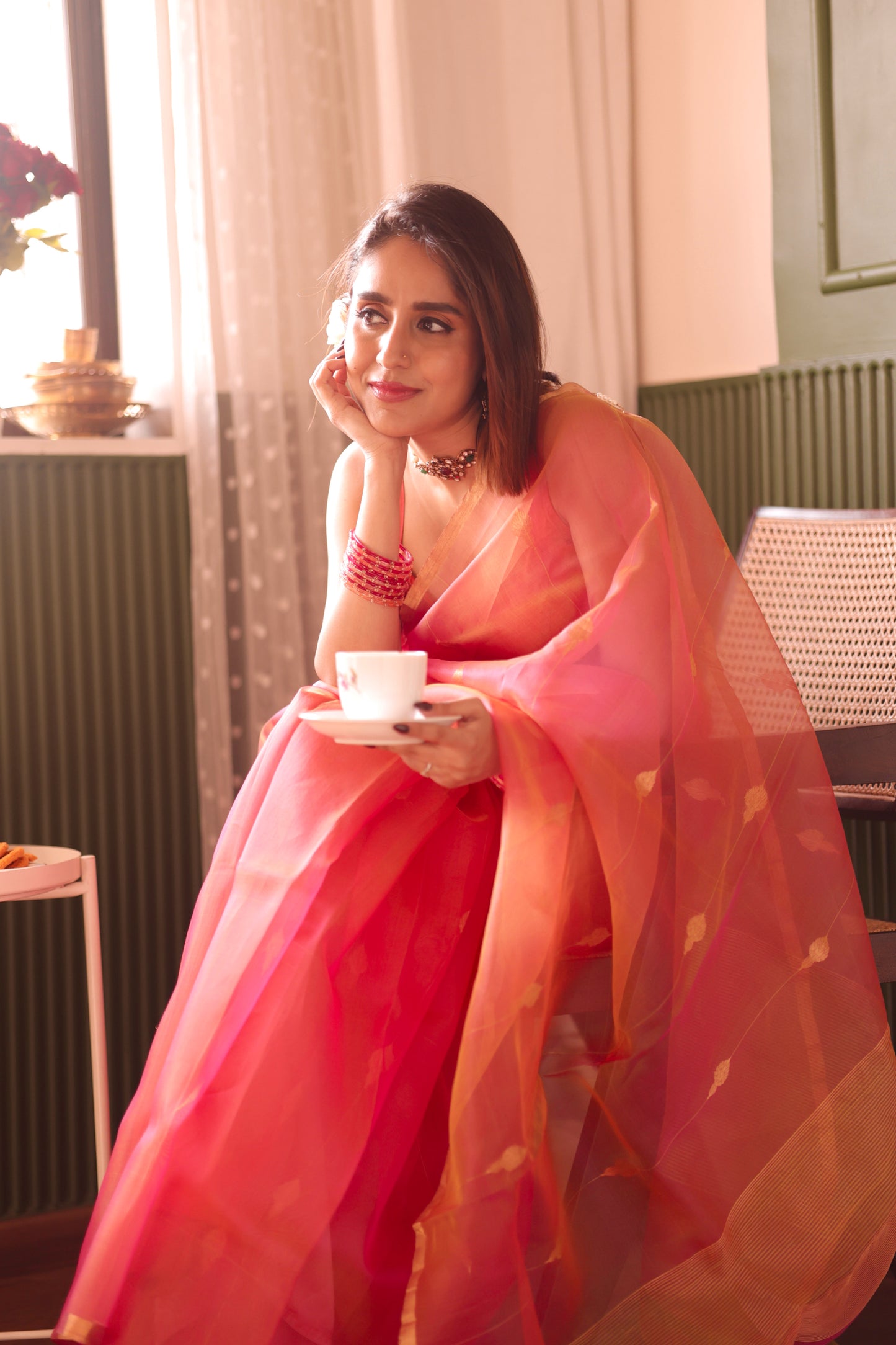 Coral pink dual tone Chanderi organza silk saree with jhumka motifs all over