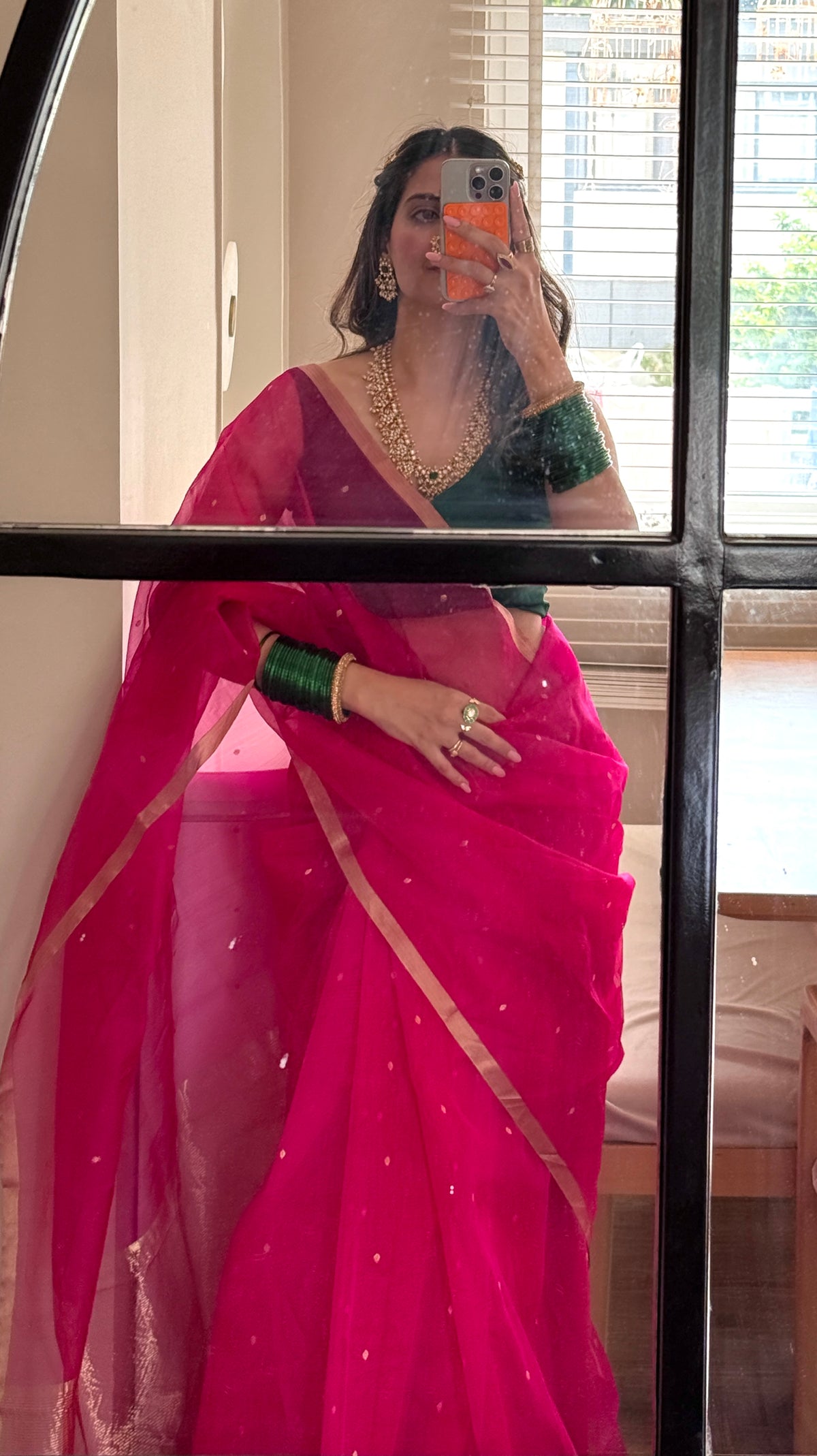 Fuschia pink Chanderi silk saree with zari bootis all over