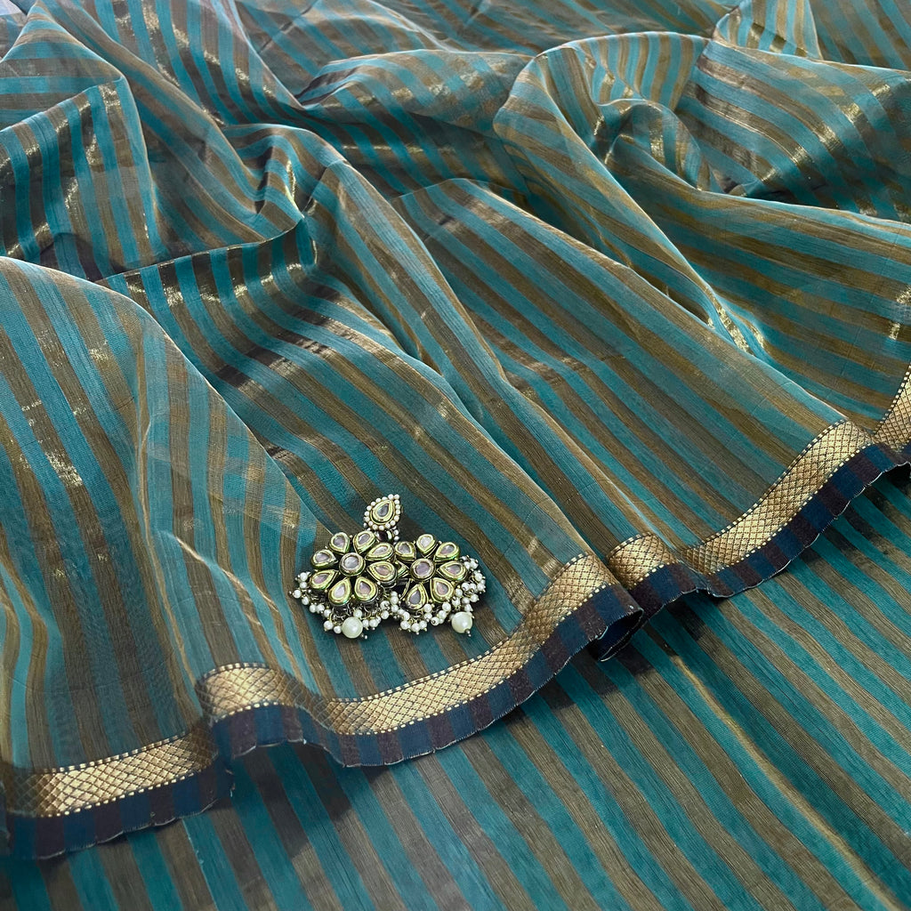 Baby blue Maheshwari saree with zari stripes all over