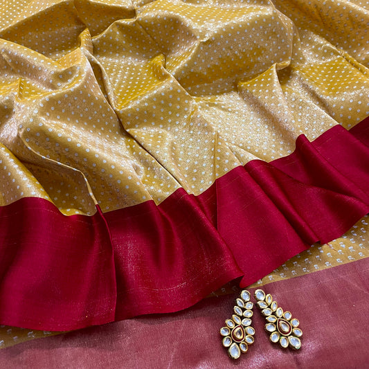 Gold and Red Banarasi tissue silk saree with silk border