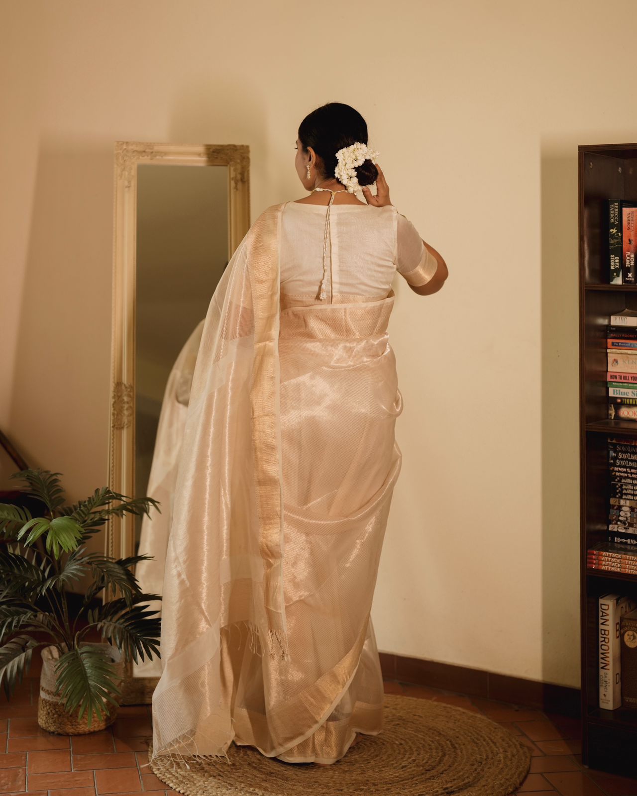 Off white gold Maheshwari saree with zari lines all over