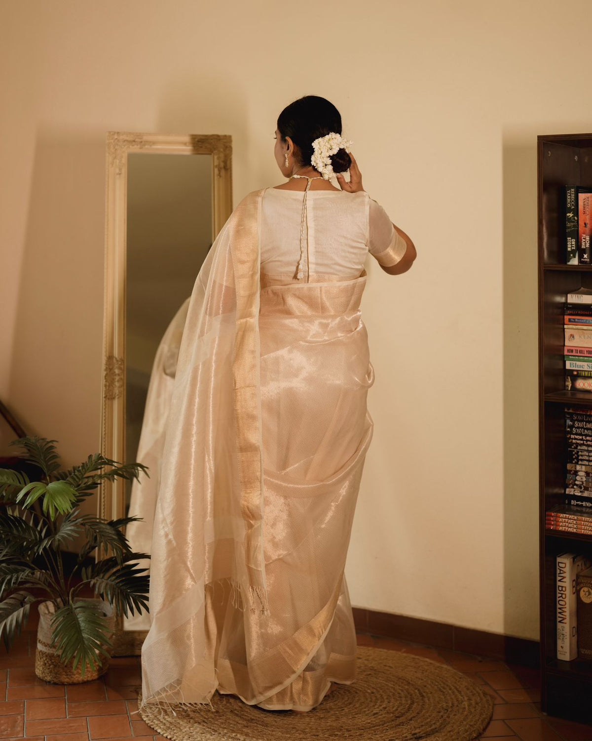 Off white gold Maheshwari saree with zari lines all over