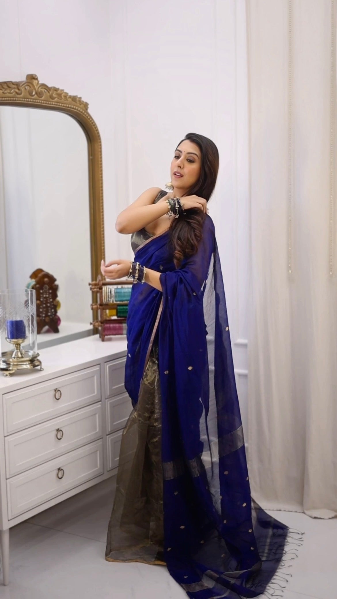 Ready to wear | Dark Blue Maheshwari Saree with Zari Bootis & Zari Lines