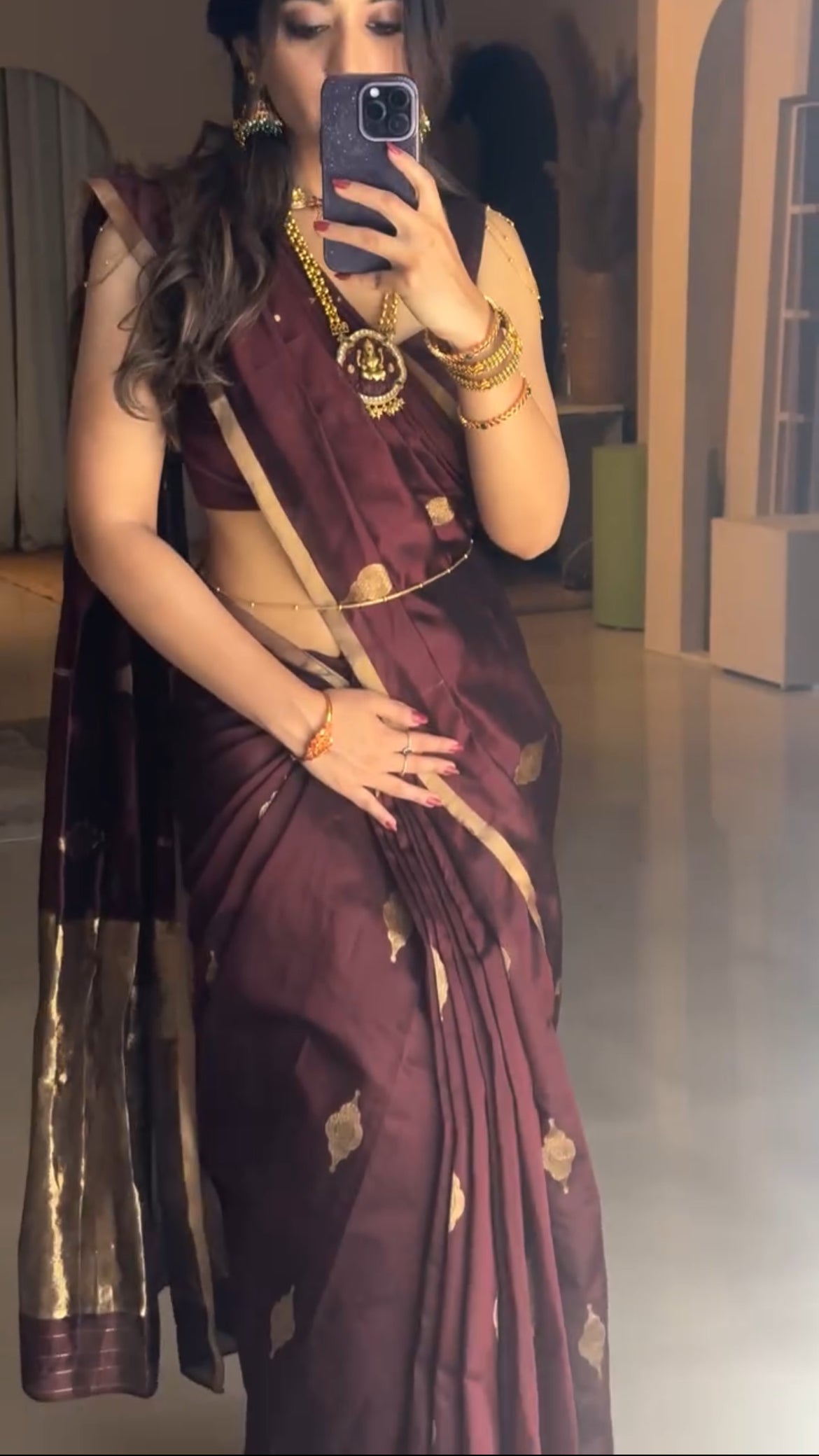 Mahogany chanderi silk saree with jhoomar motifs all over