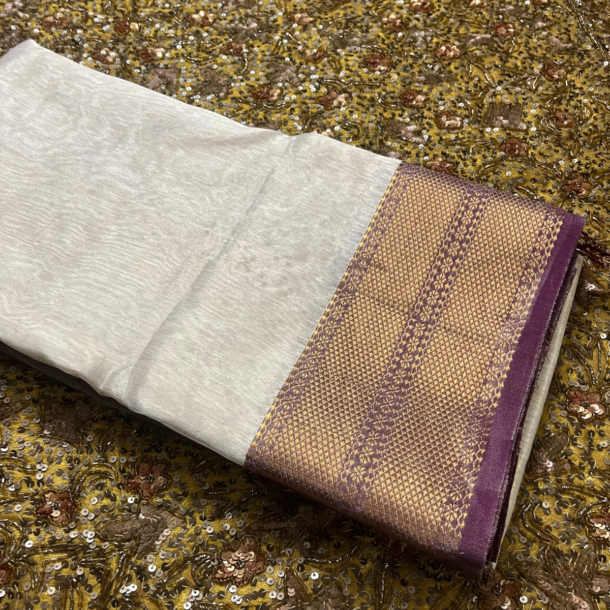 Ready to wear | Cream & Violet Maheshwari tissue silk saree with antique gold zari border