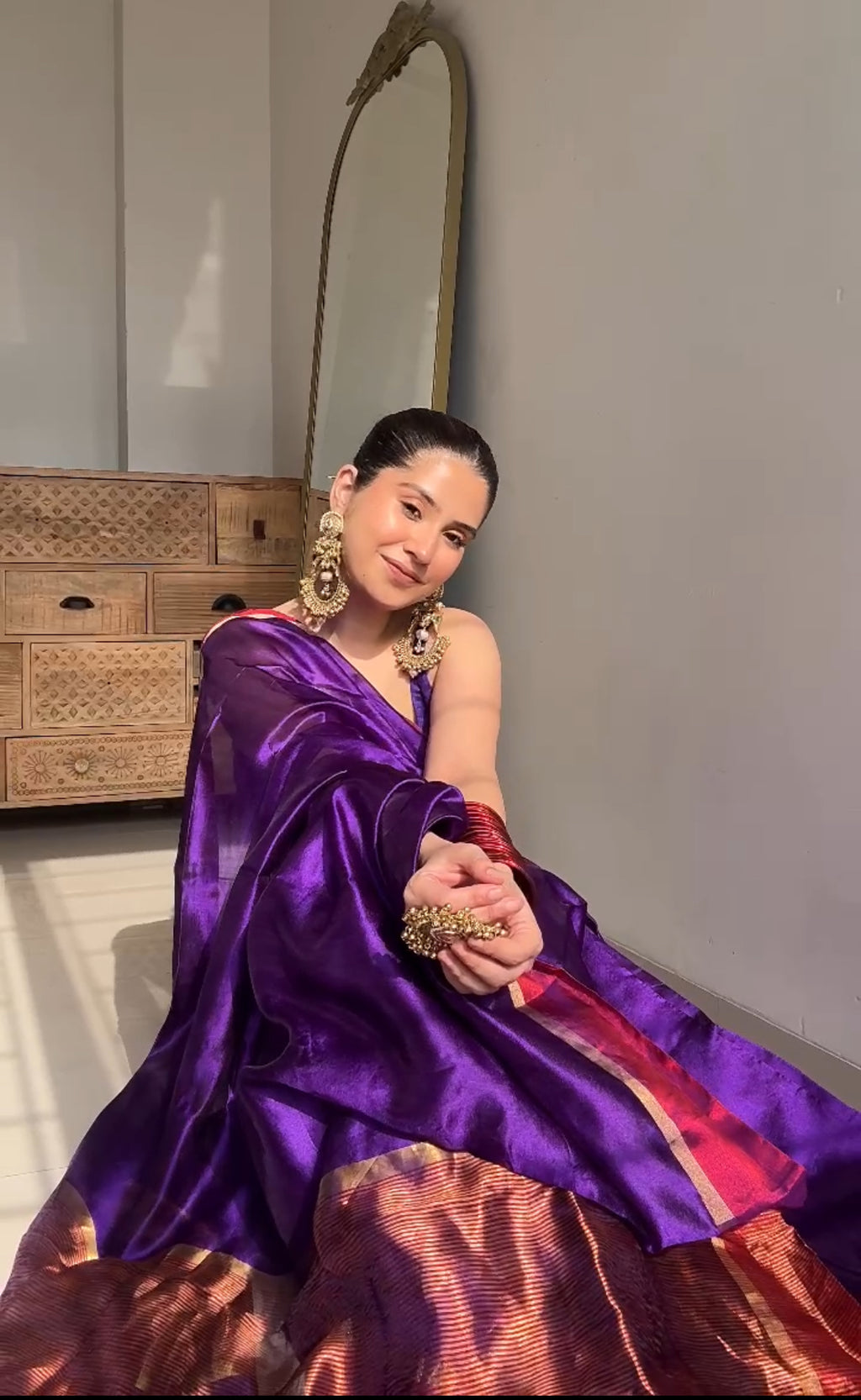 Ready to wear | Dark Purple Plum Chanderi silk saree with zari lines on pallu