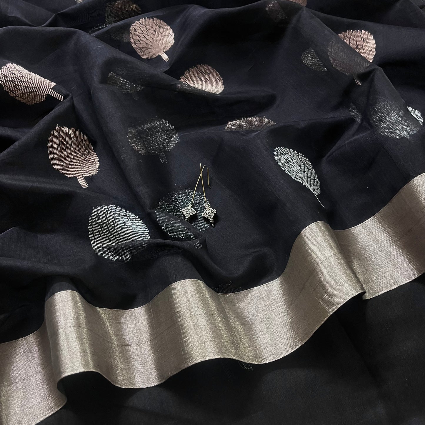 Black Chanderi saree with silver tree motifs all over