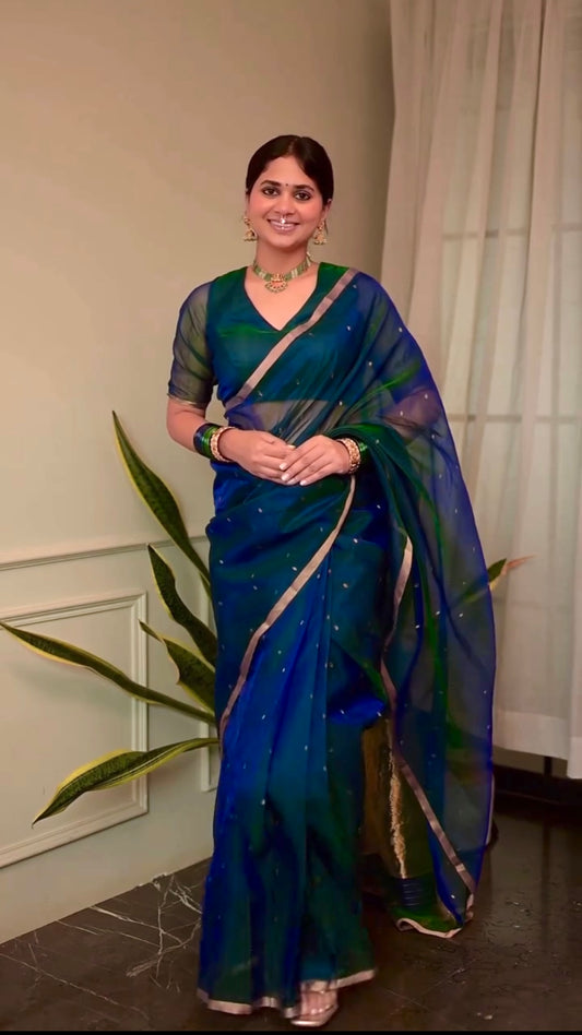 Peacock blue and green dual tone Chanderi organza silk saree with zari bootis all over