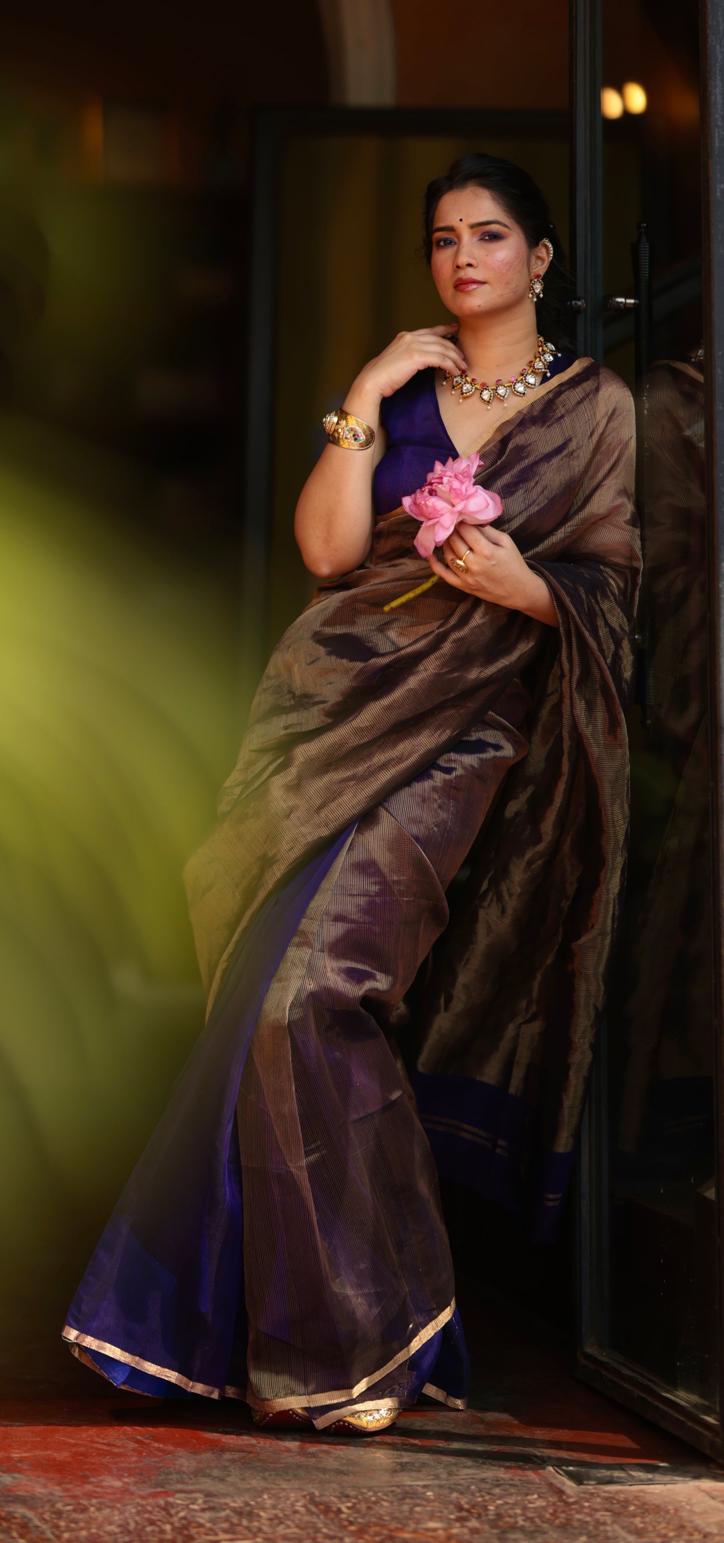 Dark purple and gold maheshwari saree with zari border