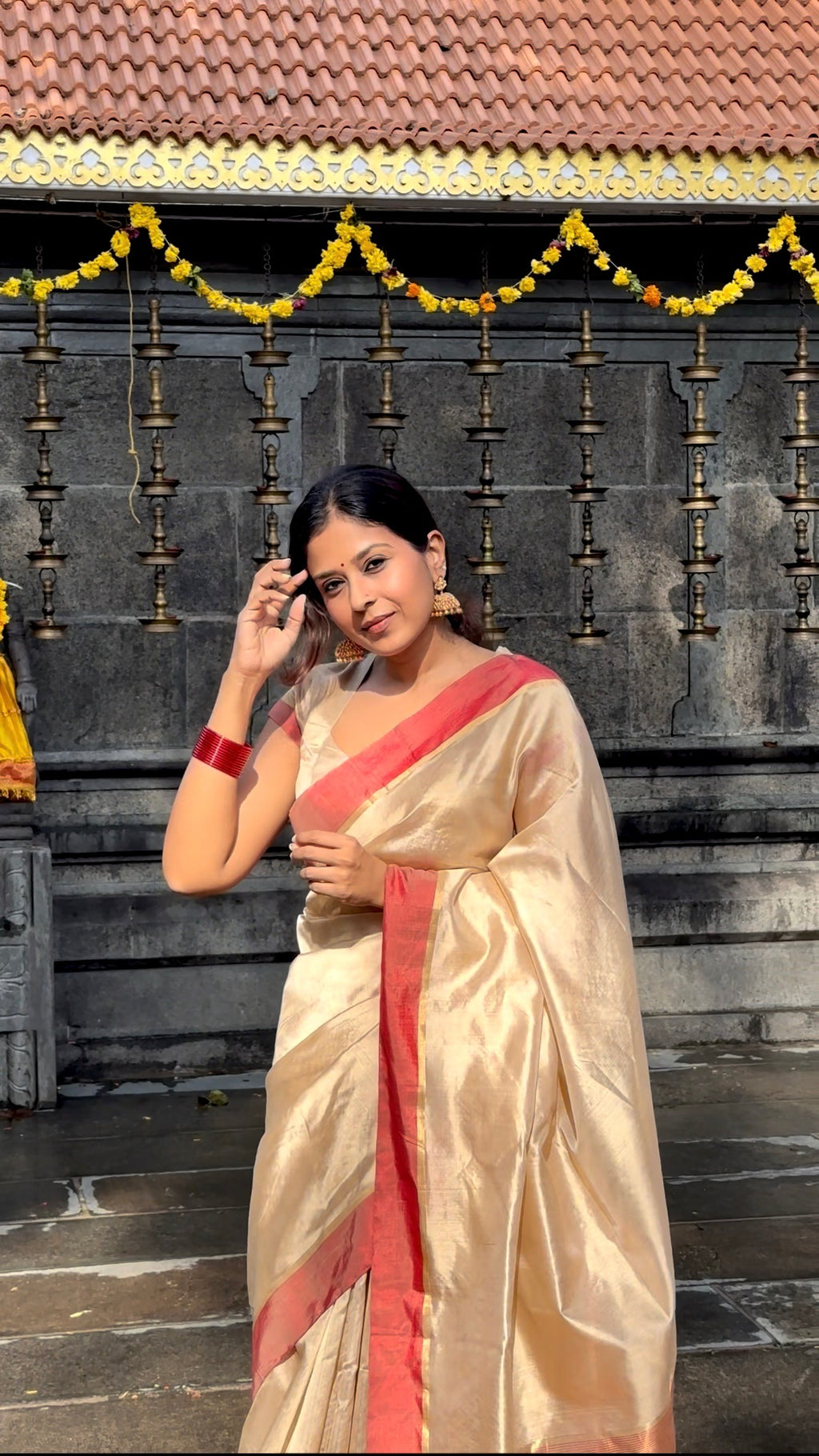 Beige & Red Chanderi Silk Saree with Zari Lines on Pallu