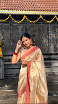 Beige & Red Chanderi Silk Saree with Zari Lines on Pallu