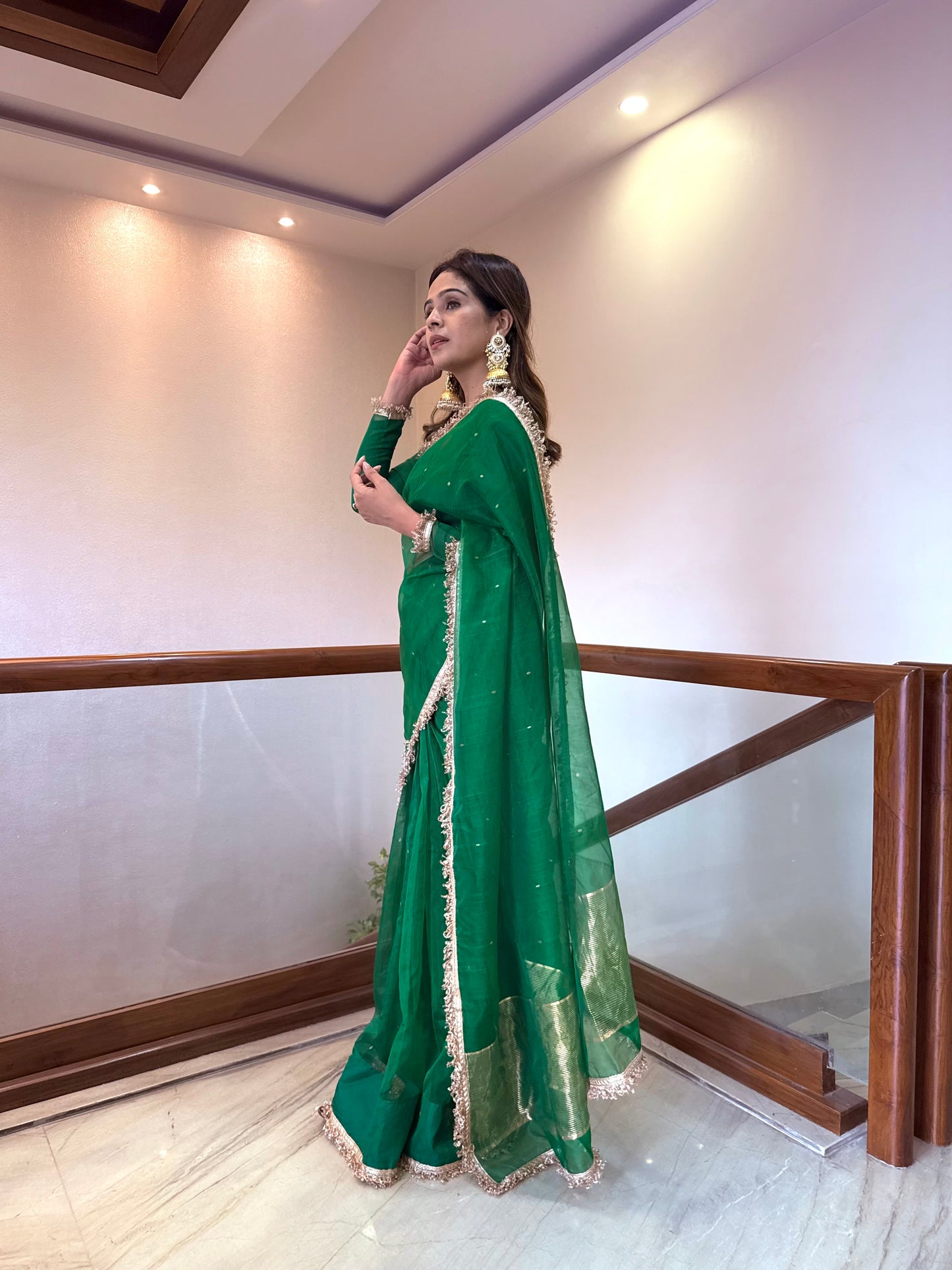 Emerald Green Chanderi silk saree with zari bootis all over