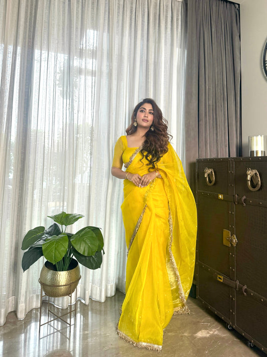 Corn yellow Chanderi silk saree with zari bootis all over
