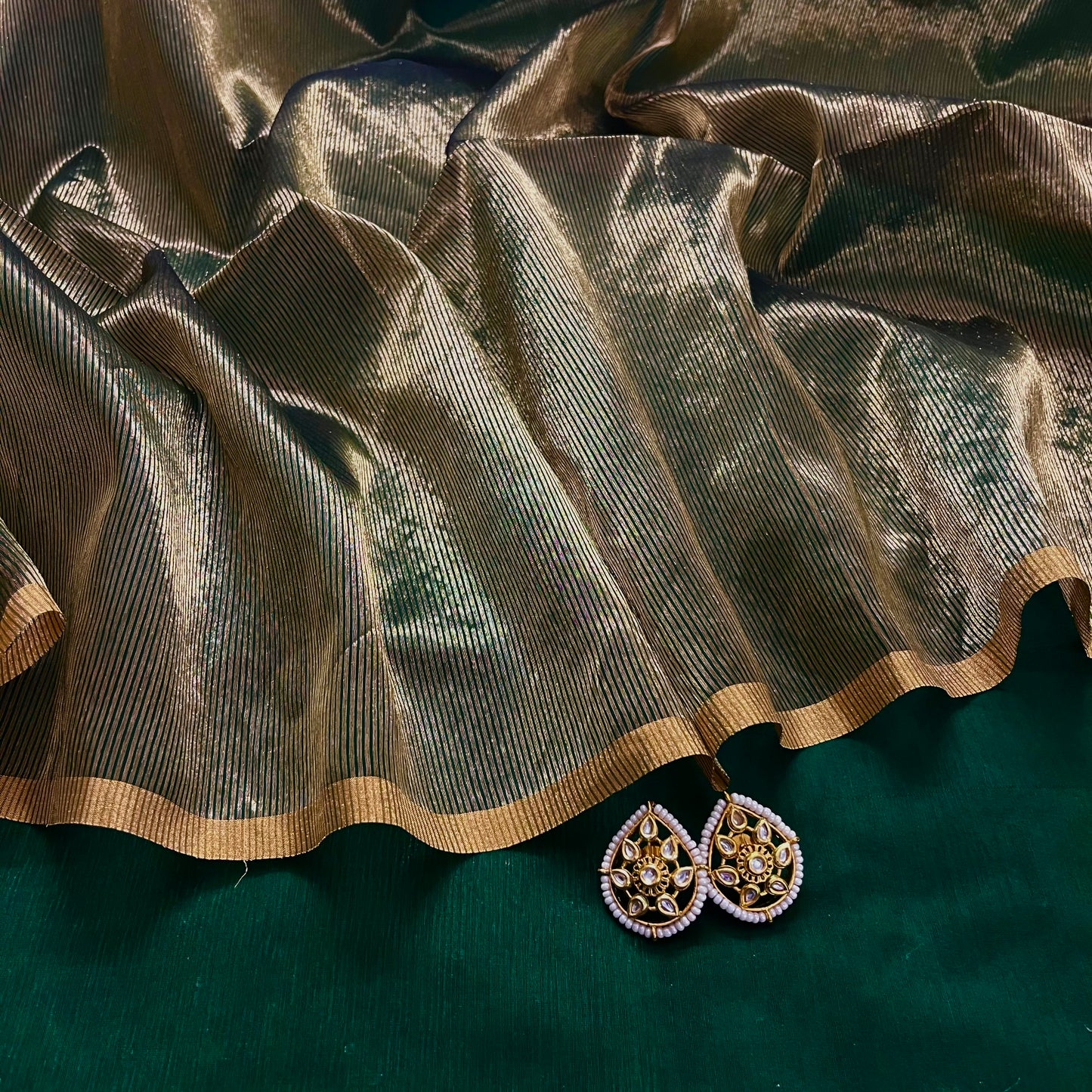Dark Green & Gold Maheshwari Saree with Zari Border