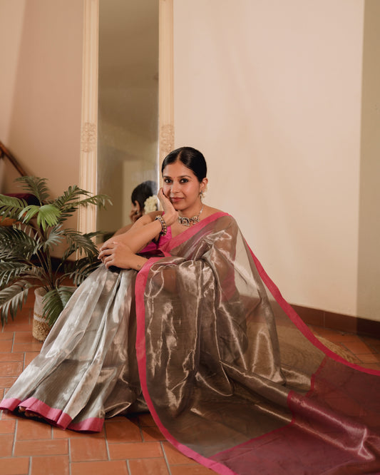 Silver grey and pink Chanderi tissue silk saree with zari lines on pallu