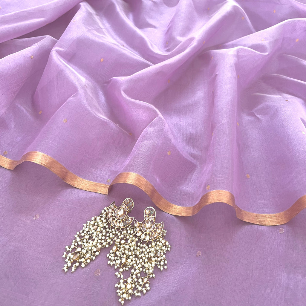 Mauve Chanderi silk saree with zari bootis all over