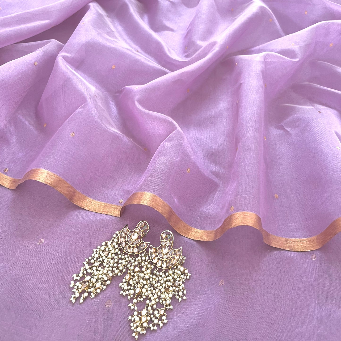 Mauve Chanderi silk saree with zari bootis all over