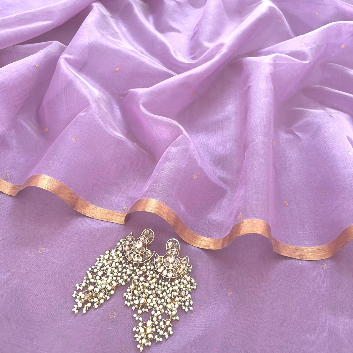 Mauve Chanderi silk saree with zari bootis all over