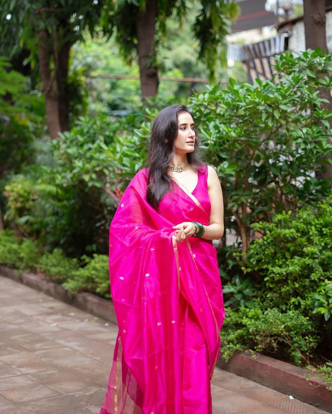 Rani pink chanderi silk saree with flower bootis all over
