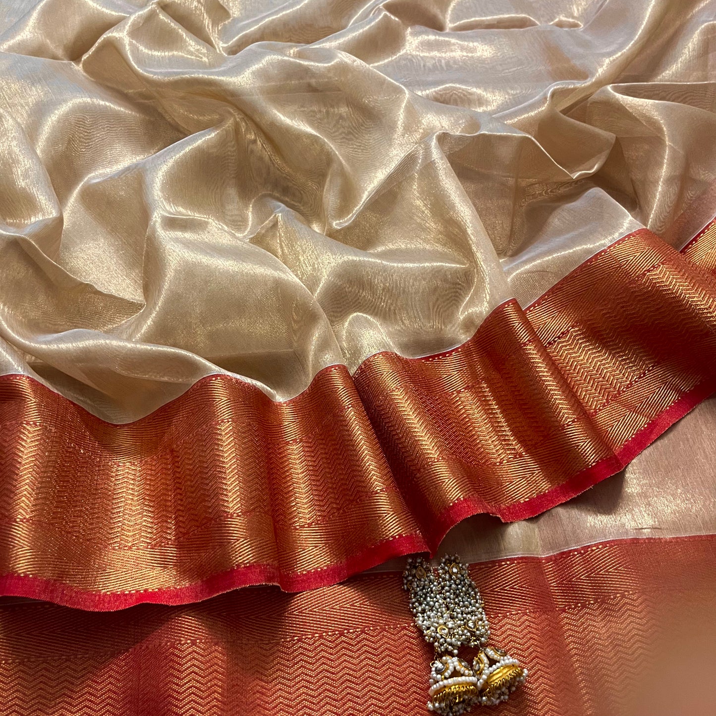 Gold & red maheshwari tissue silk saree with zari border