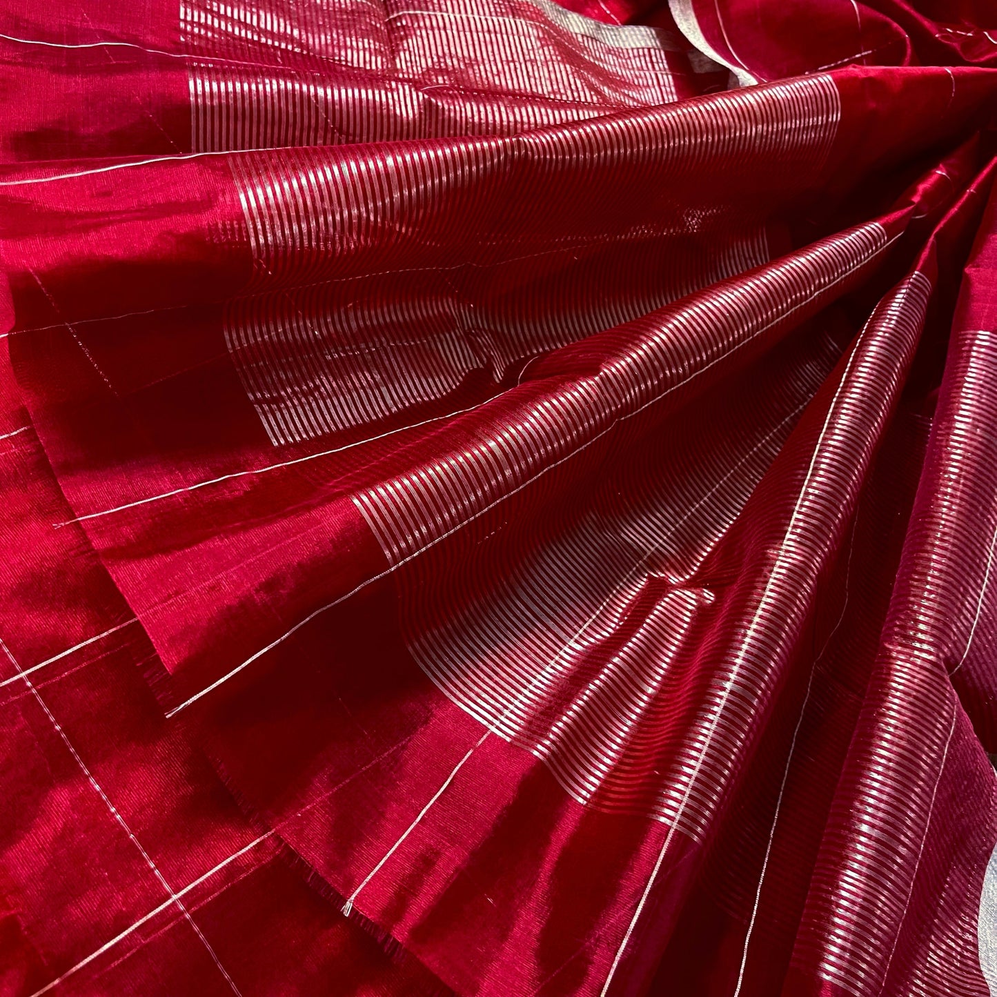 Deep red chanderi silk saree with zari checks all over