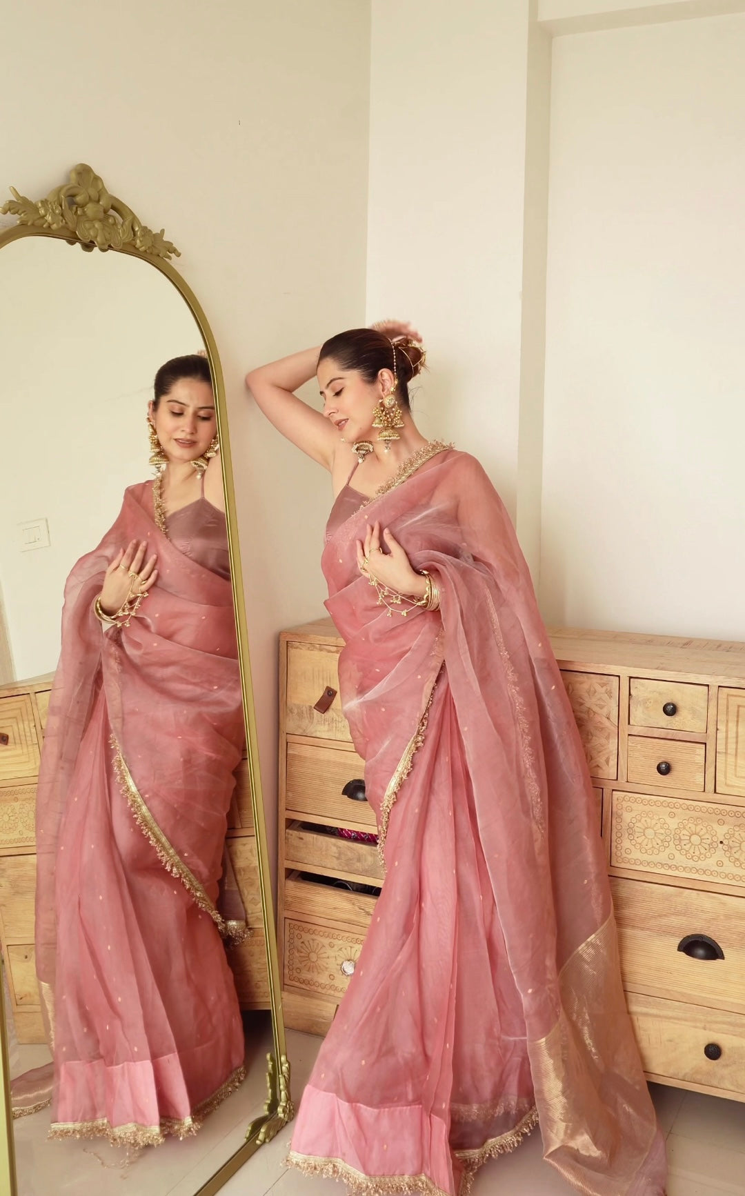 Dusty Pink Chanderi silk saree with zari bootis and zari border all over
