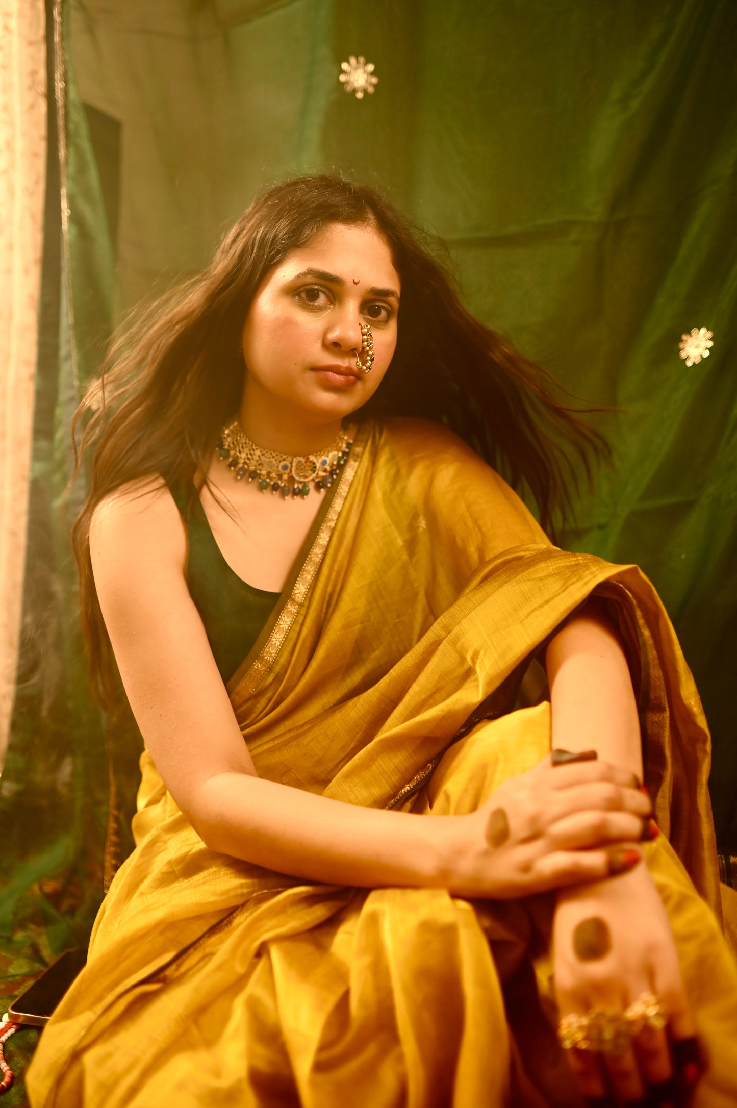 Mustard & green Maheshwari saree with flower bootis all over