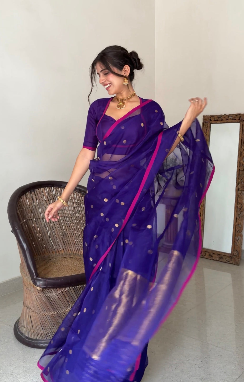 Ready to wear | Dark Purple & Pink Chanderi Organza Silk Saree with Zari Bootis all over