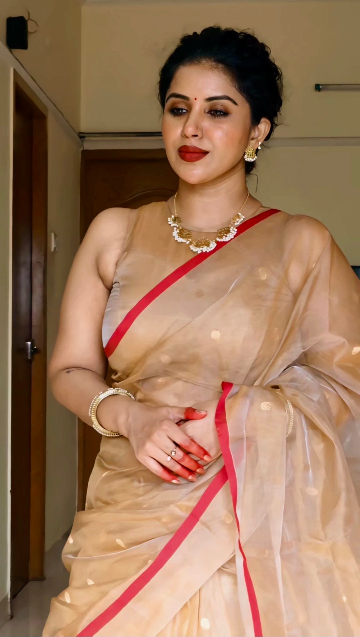 Beige gold and red Chanderi silk saree with zari bootis all over