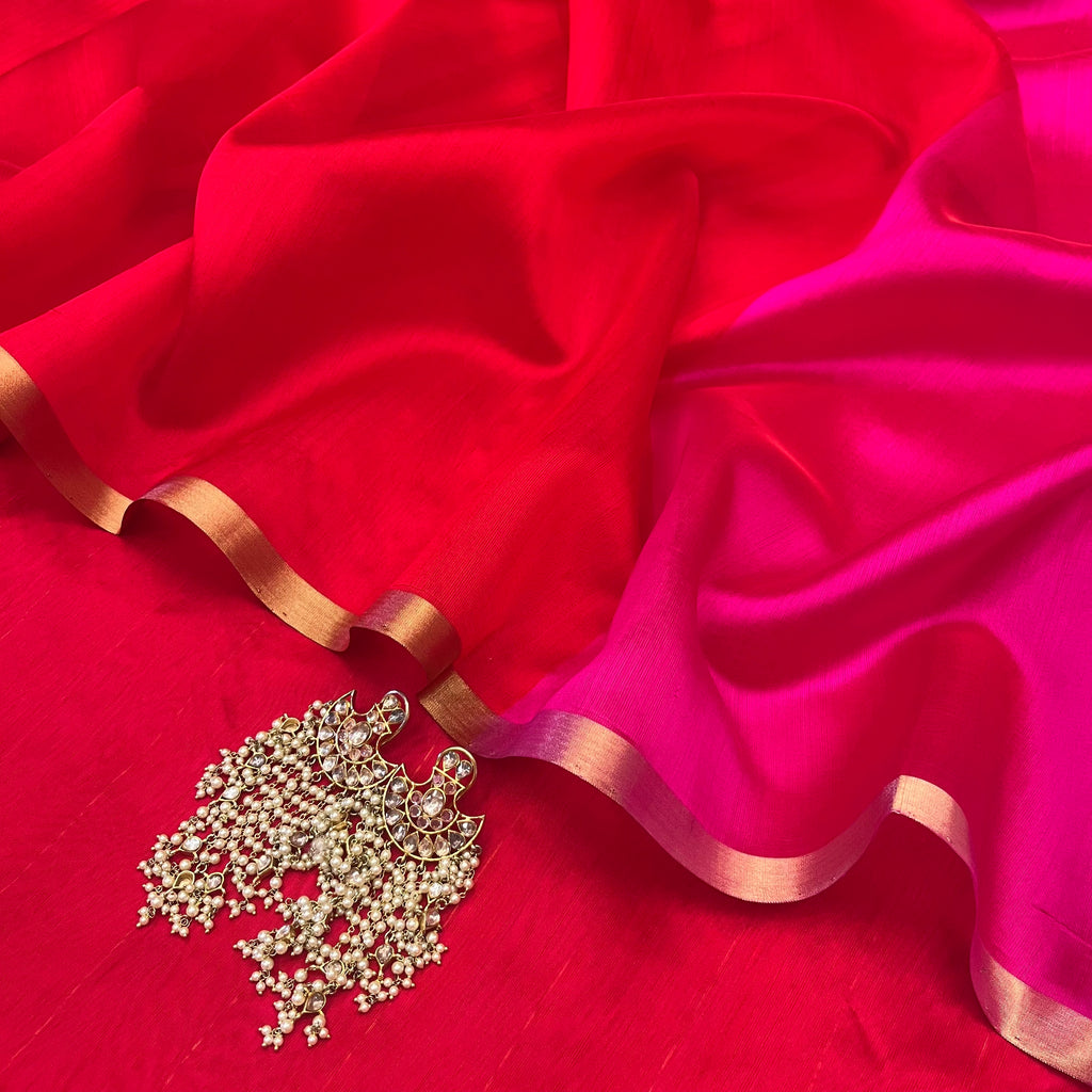 Chili Red and pink Chanderi silk saree with tassels on pallu