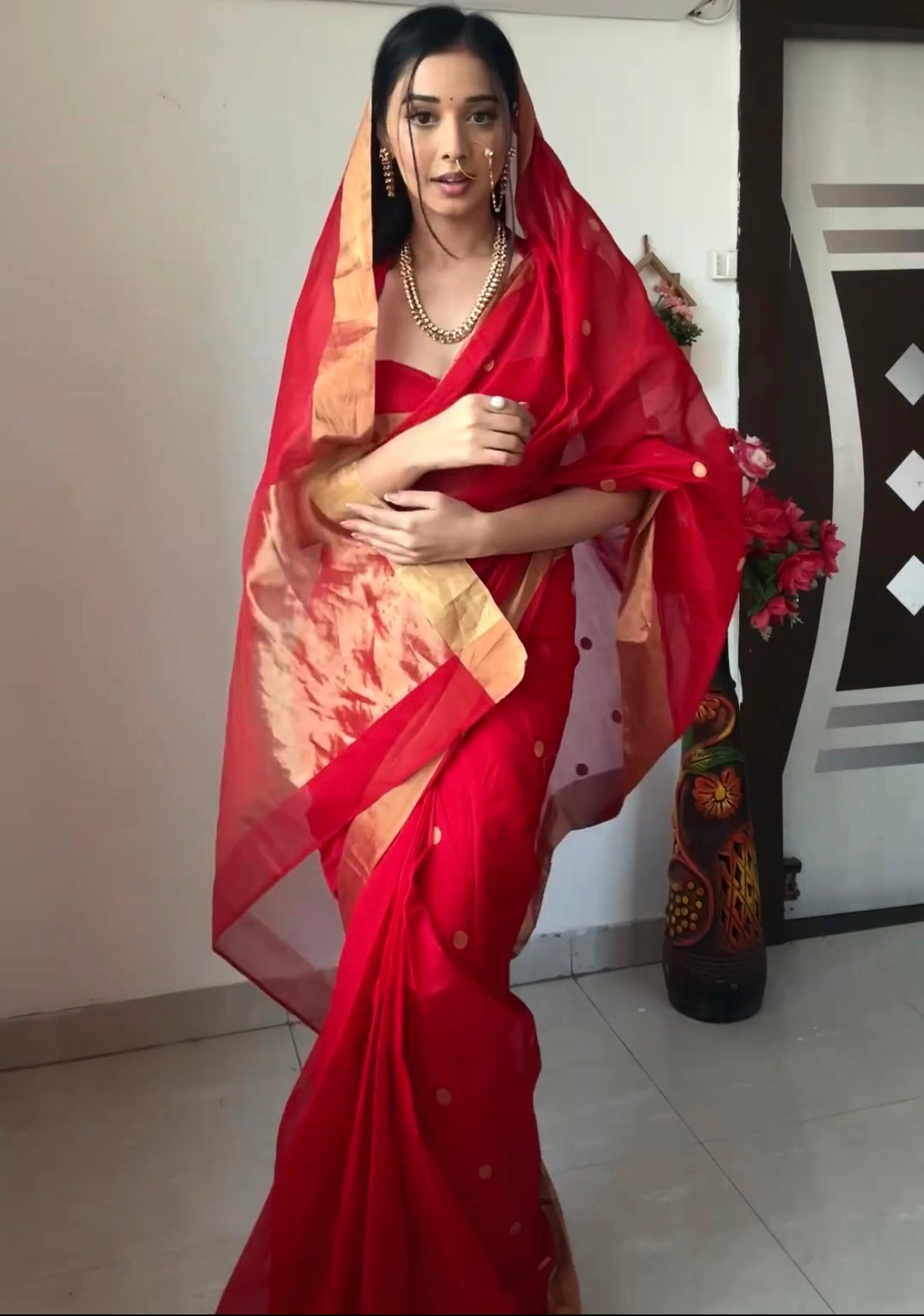 Red Chanderi Saree with zari bootis all over