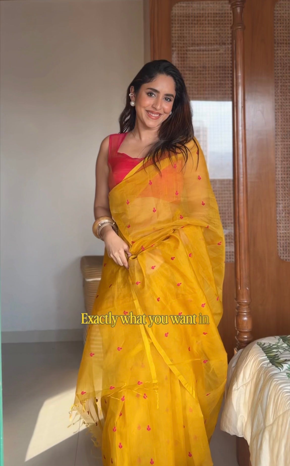 Mustard and pink Chanderi silk saree with resham bootis all over