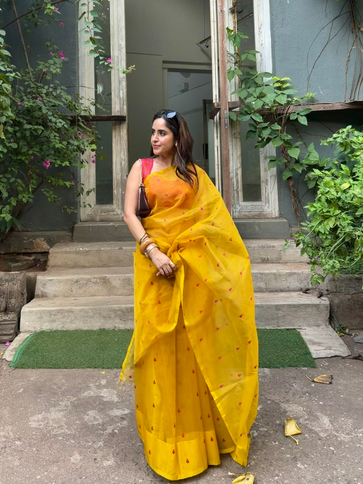 Mustard and pink Chanderi silk saree with resham bootis all over
