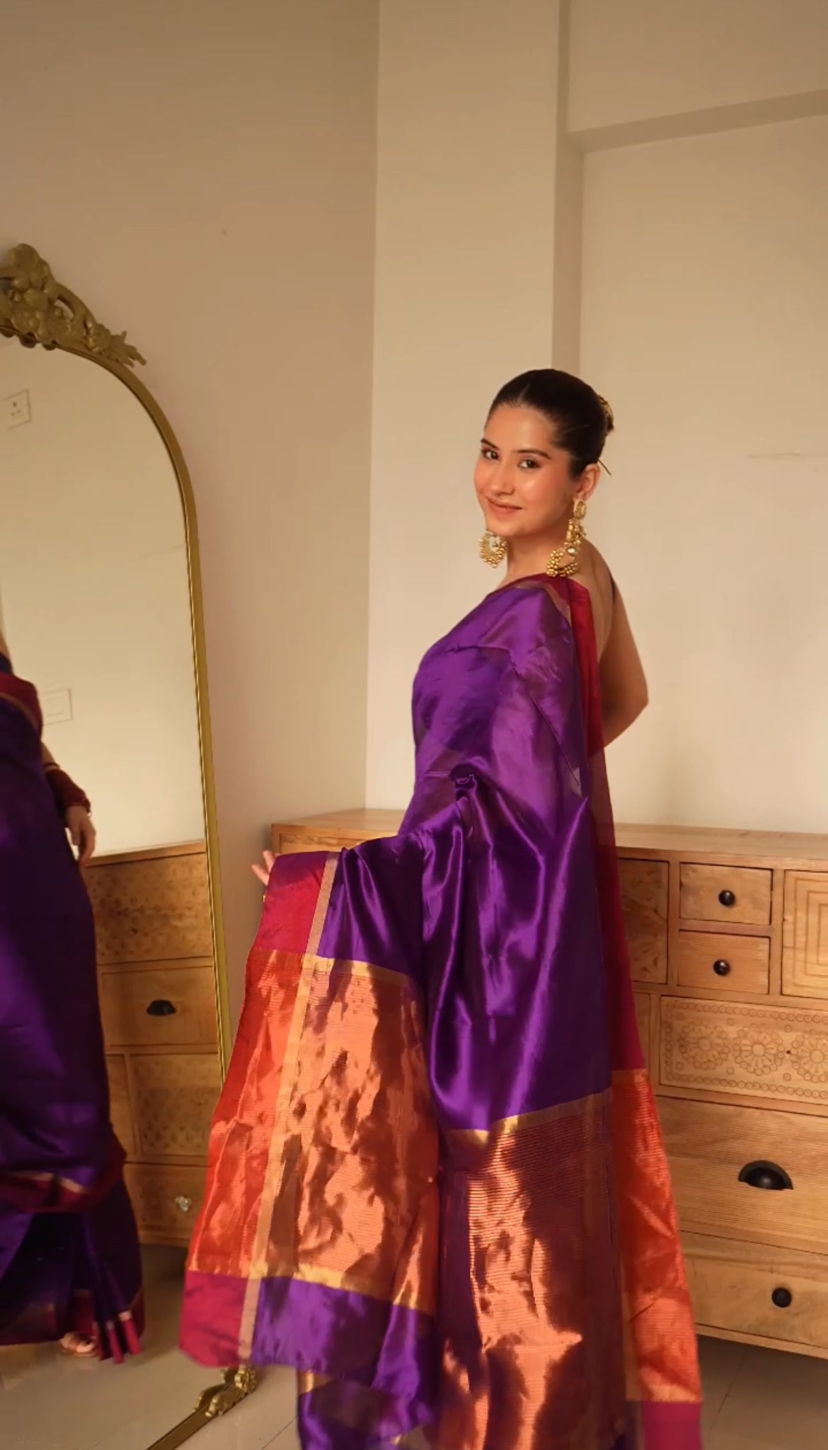 Ready to wear | Dark Purple Plum Chanderi silk saree with zari lines on pallu
