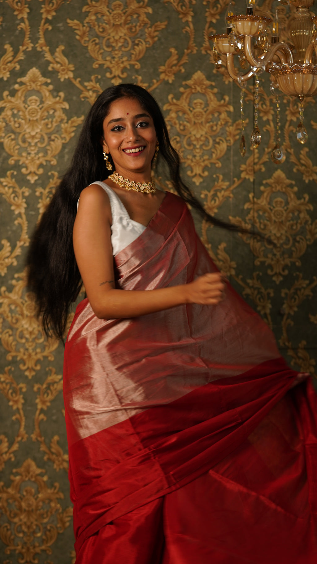 Silver and red chanderi tissue silk saree