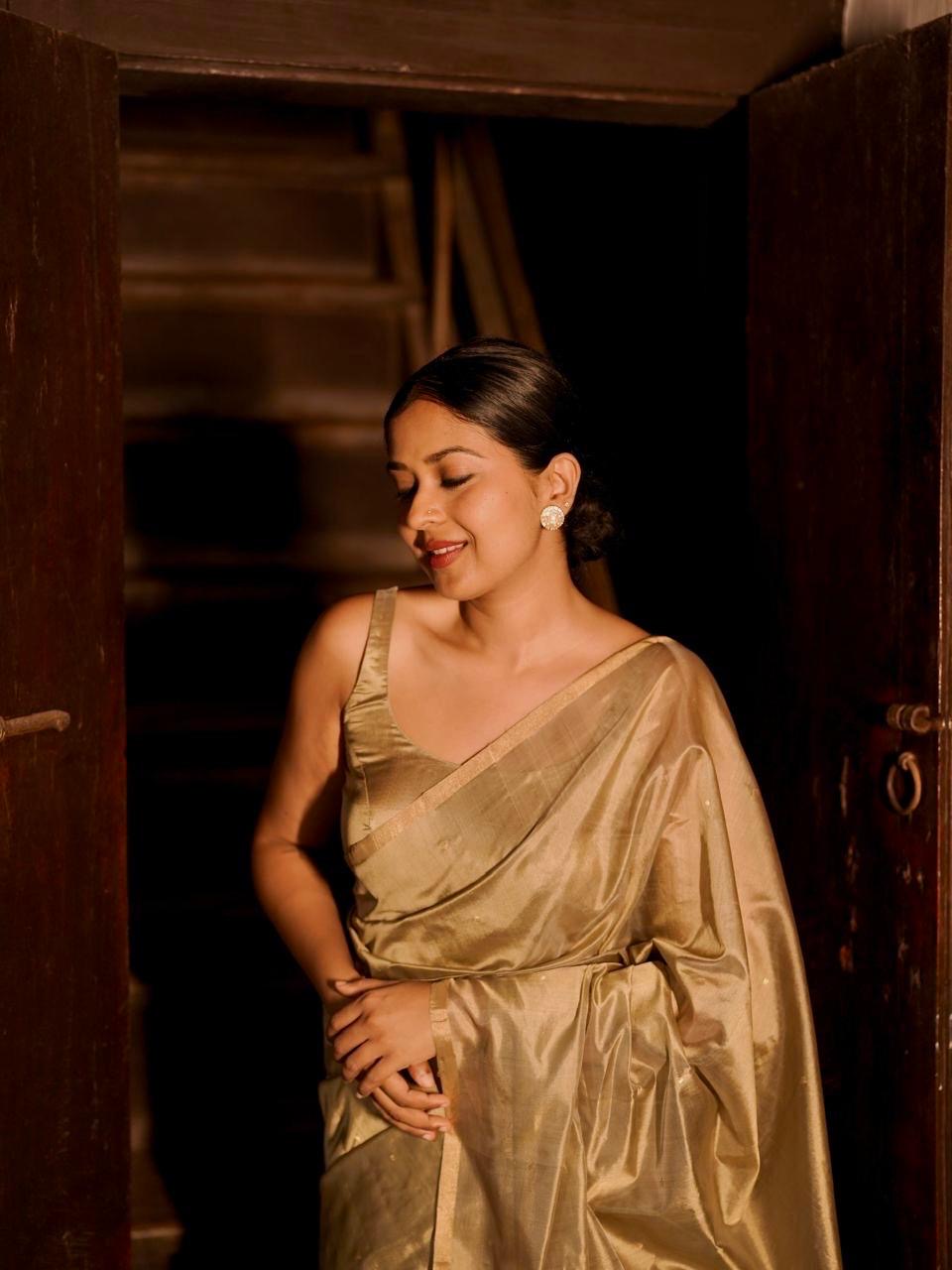 Antique gold chanderi silk saree with zari bootis all over